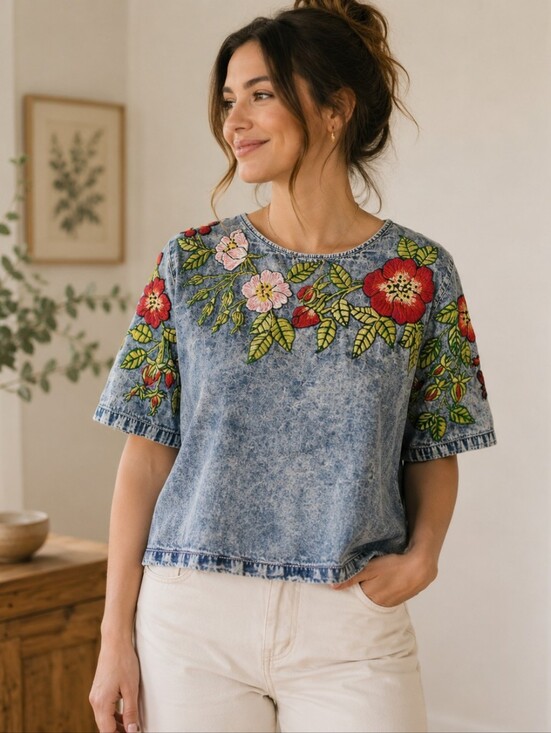 Handmade Tops - Embroidered Roses Denim Top Size M